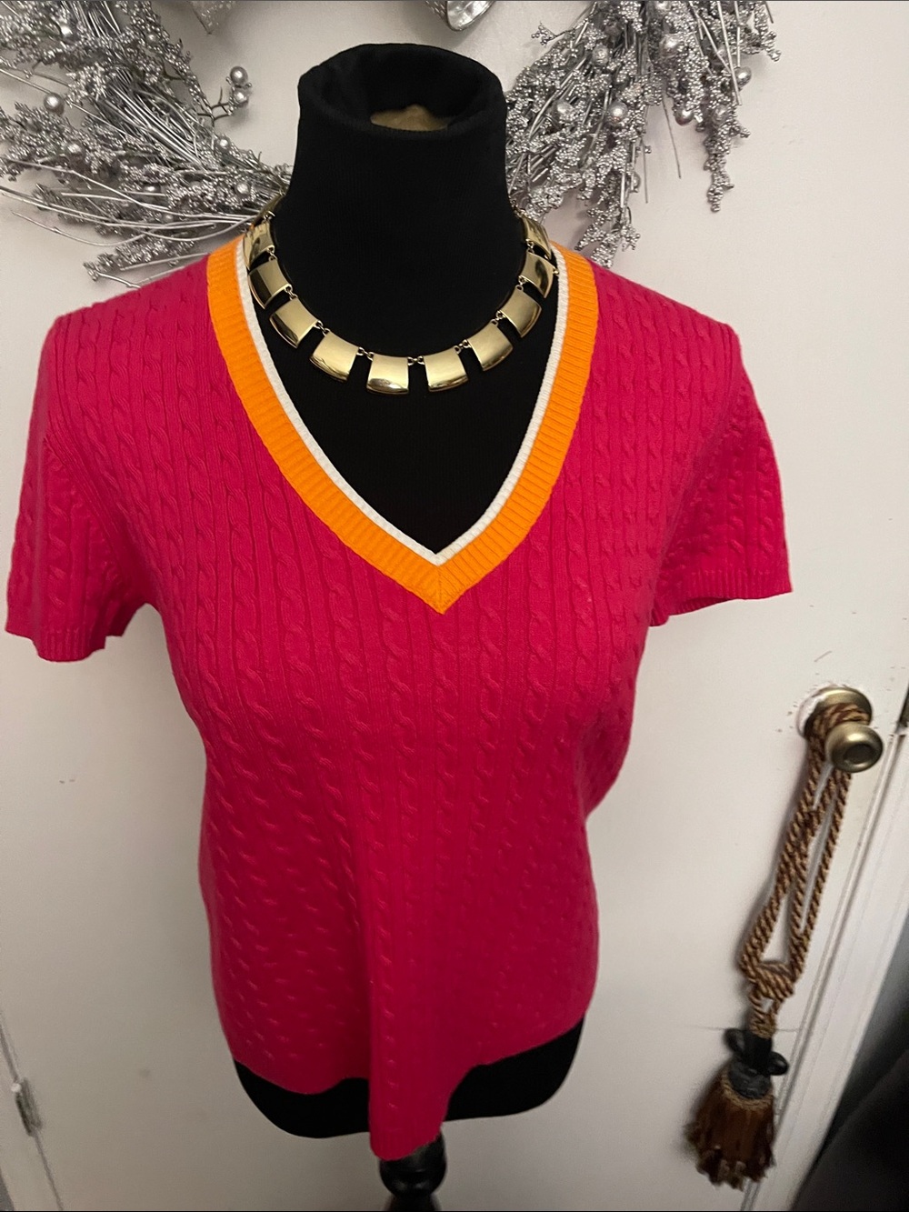 Tommy Hilfiger V-Neck Cable Knit Sweater in Hot Pink with Orange & White Trim - Picture 2 of 6